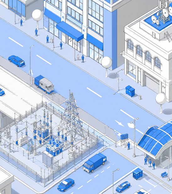 Isometric illustration of a city street with a substation