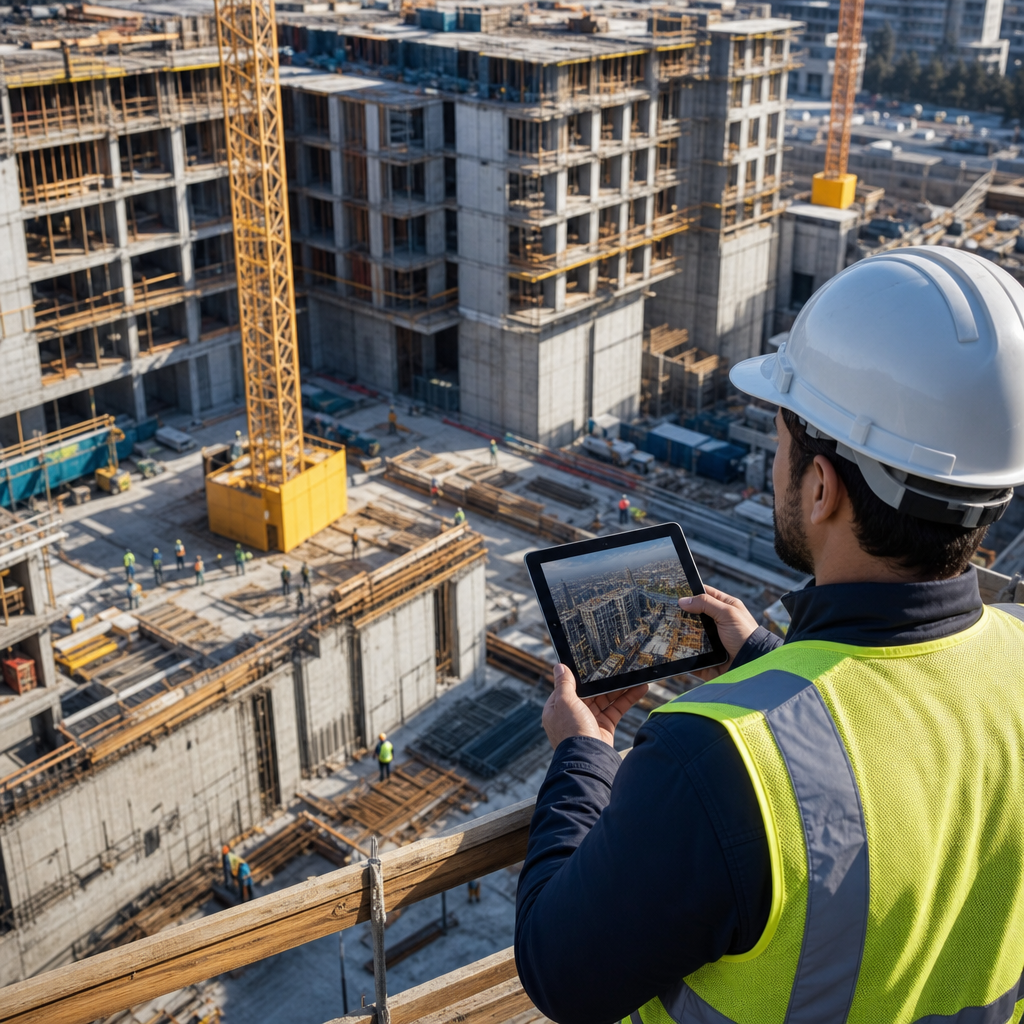 Construction Site from Above with Drone Photo and Ground Documentation Combined