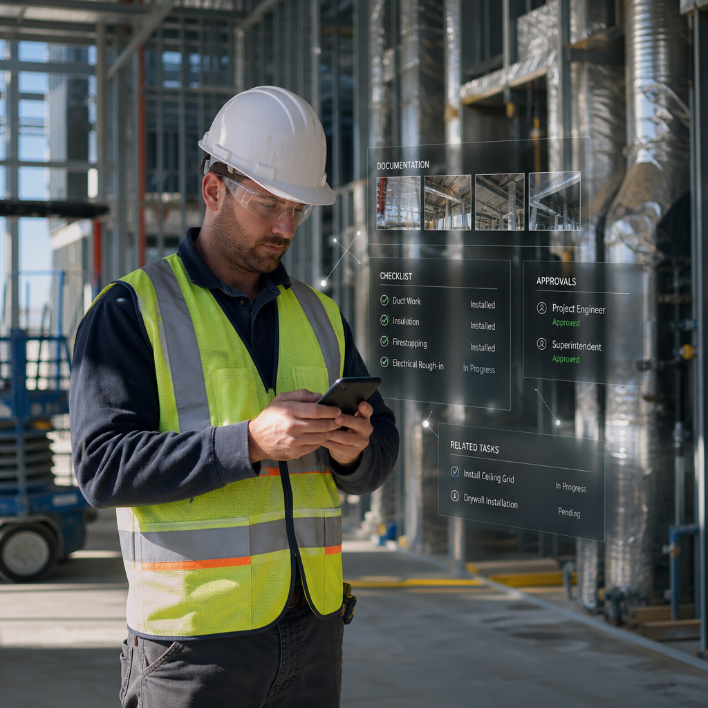 Field Worker Documenting Completed Work on Construction Site with Modern Systems