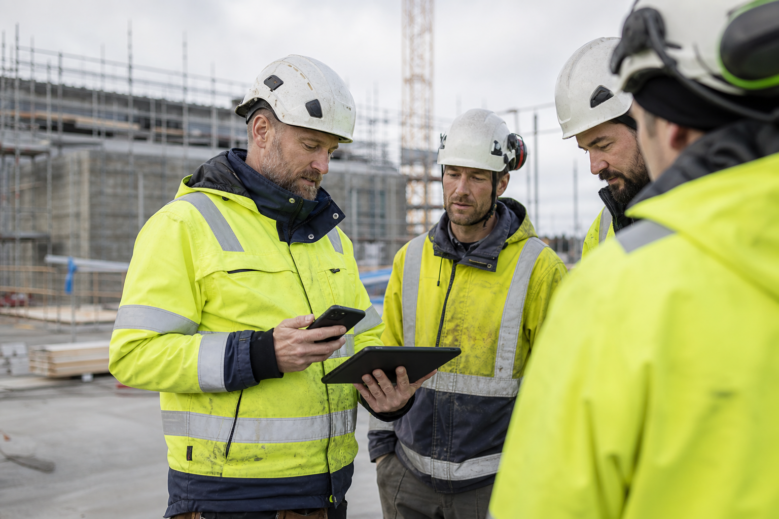 Pääurakoitsijan ja aliurakoitsijoiden edustajat tarkastavat työmaalla mobiililaitteelta laatudokumentointia ja valokuva-aineistoa.